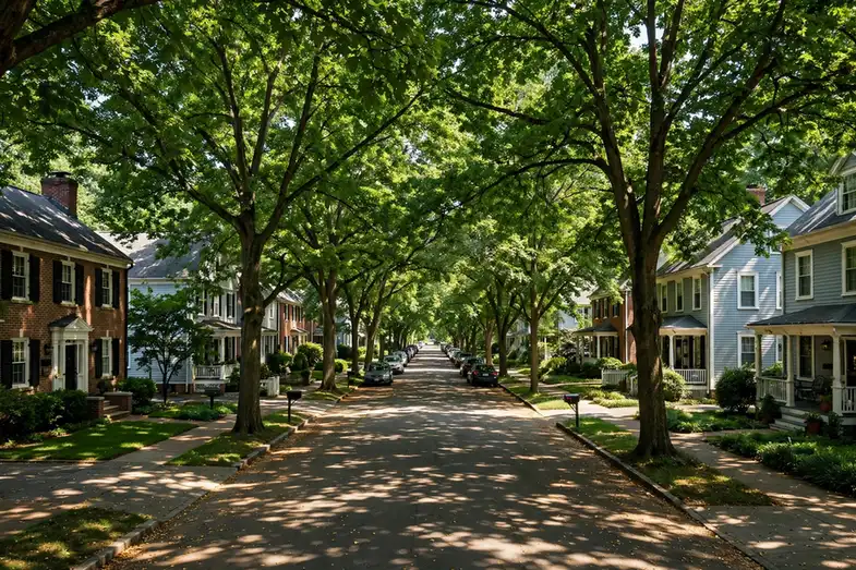 A mature American shade tree canopy over a residential street
